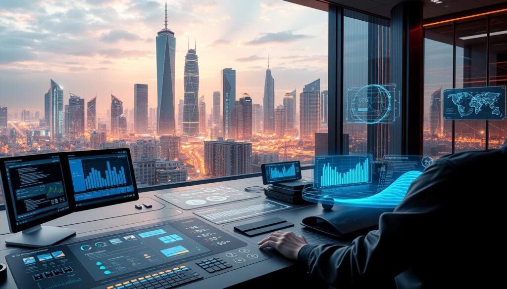 Find AI Tools On Toolify in a futuristic digital workspace with sleek interfaces, holograms, and data-driven AI solutions.