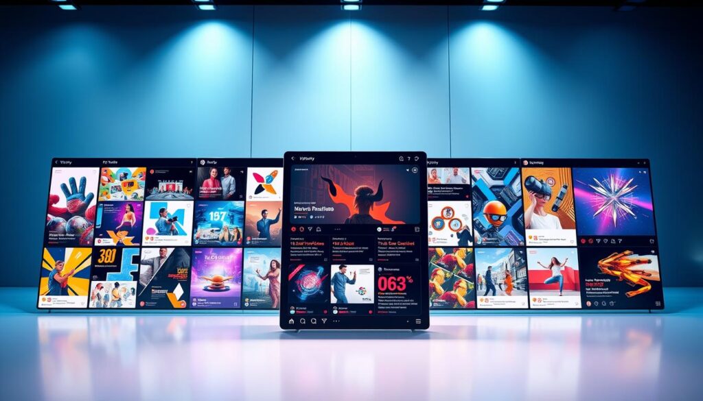 A vibrant and engaging social media feed with a sleek, modern design. In the foreground, a grid of colorful, visually striking posts showcasing various multimedia content - dynamic graphics, captivating photographs, and informative infographics. The middle ground features an array of engagement metrics, such as likes, shares, and comments, highlighting the impressive reach and impact of the MyMarky AI-generated content. In the background, a backdrop of subtle gradients and geometric patterns creates a polished, sophisticated atmosphere. Soft, directional lighting accentuates the depth and dimension of the scene, resulting in a visually captivating and professional-looking social media showcase. A sleek social media feed featuring colorful, engaging posts with dynamic visuals and infographics. Engagement metrics like likes and shares highlight the reach of free MyMarky AI Social Posts, set against a modern, polished background.