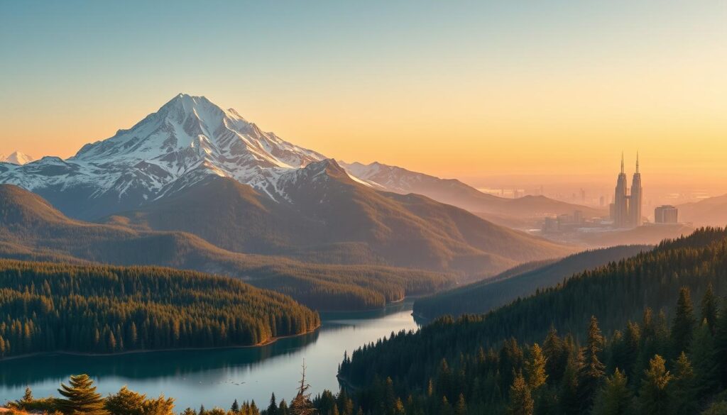 Best free outpainting ai tool: panoramic landscape showing outpainting AI benefits—sunlit snow‑capped mountains, lush forests, a reflective lake with birds, and a hazy futuristic city, evoking wonder and innovation.