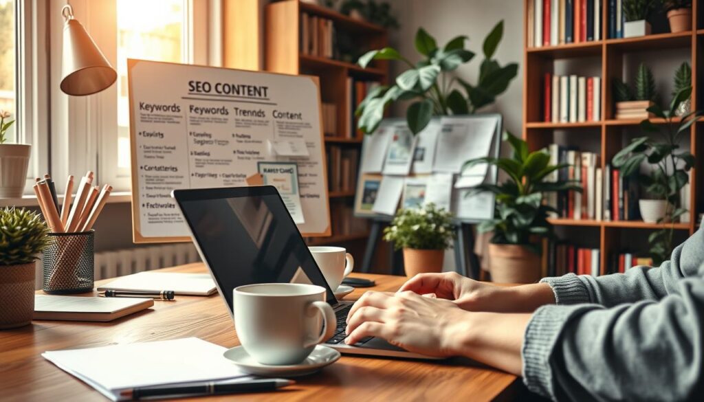Person typing on a laptop in a cozy, well-lit workspace, crafting content as part of the best SEO content strategy, with keywords and ideas pinned on a board nearby.