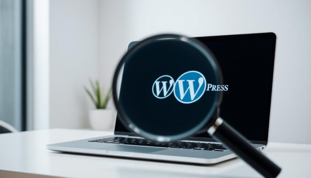 Modern laptop with WordPress logo on screen, under magnifying glass on a clean desk, symbolizing the Best WordPress Malware Detector in action.