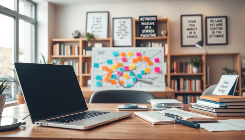 A high-resolution image depicting the concept of "keyword research" as the foundation of on-page optimization. In the foreground, a researcher's desk with a laptop, notepad, and magnifying glass, symbolizing the analytical process. In the middle ground, a map or graph visualizing keyword data, surrounded by colorful sticky notes and research materials. In the background, a warm, soft-lit office environment with bookshelves and framed inspirational quotes, conveying a sense of focus and productivity. The lighting is natural, with a slight diffused glow, and the camera angle is slightly elevated to provide a comprehensive view of the workspace. Visual representation of keyword research as the base of an on-page SEO factors guide, featuring a desk with research tools and a keyword data chart.