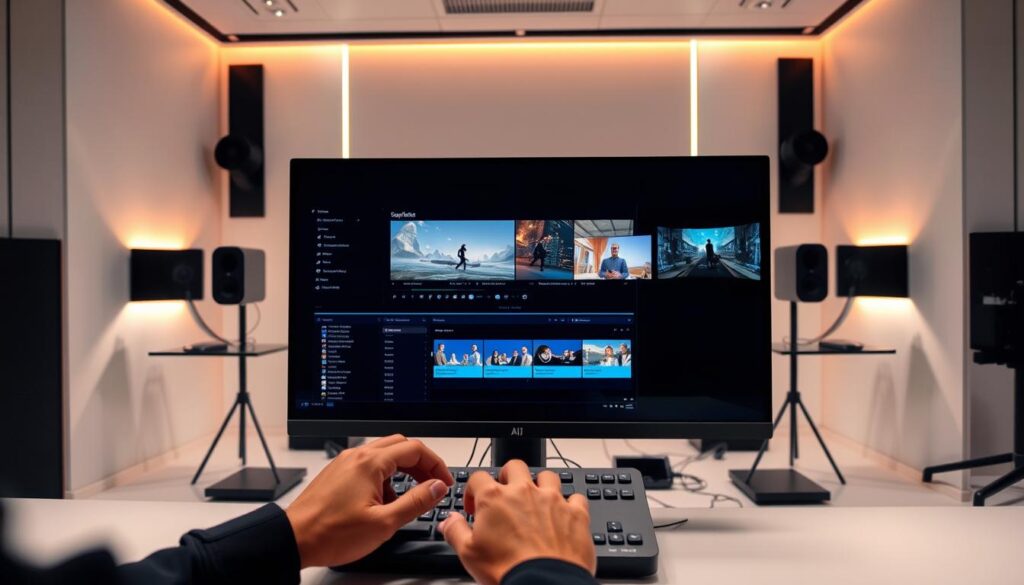 A modern workspace with a digital artist using free text to video AigenMax. Multiple screens show stages of AI-driven video creation, from animation to editing, all in a sleek, high-tech setting.