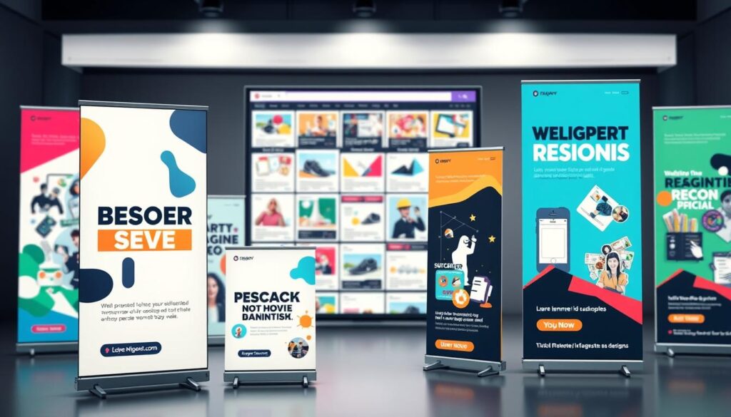 Visual from a free responsive banner creator showing modern, vibrant ad designs with clean typography and interactive layouts.