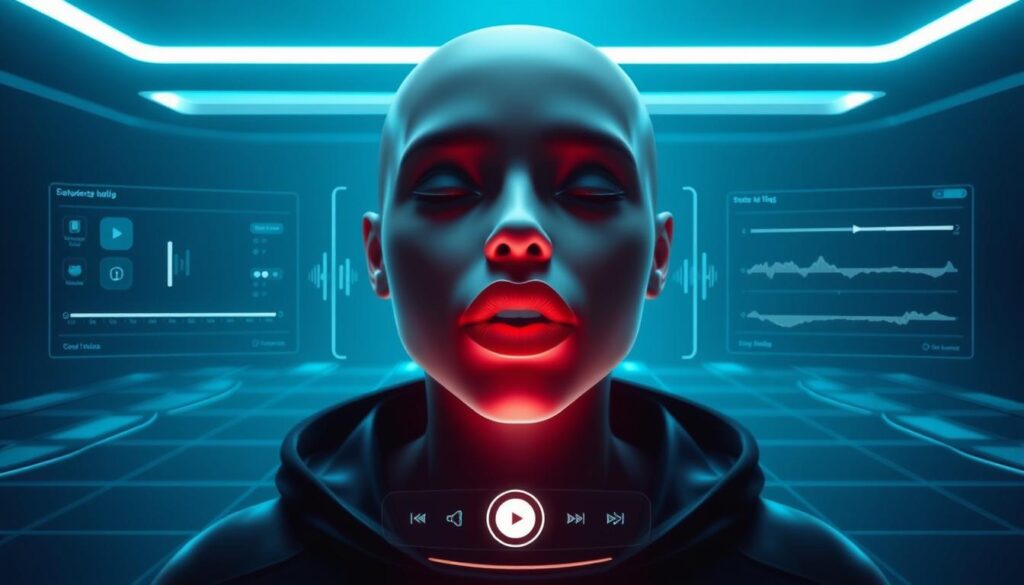 A sleek, modern tool for free AI lip sync video, featuring a glowing digital avatar with perfectly synced lips, intuitive editing controls, and a minimalist high-tech background with subtle holographic elements.