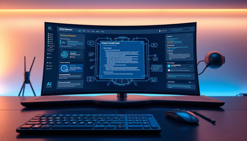 Futuristic workspace showcasing best free AI writer tool with holographic interface, stylish input devices, and ambient lighting.