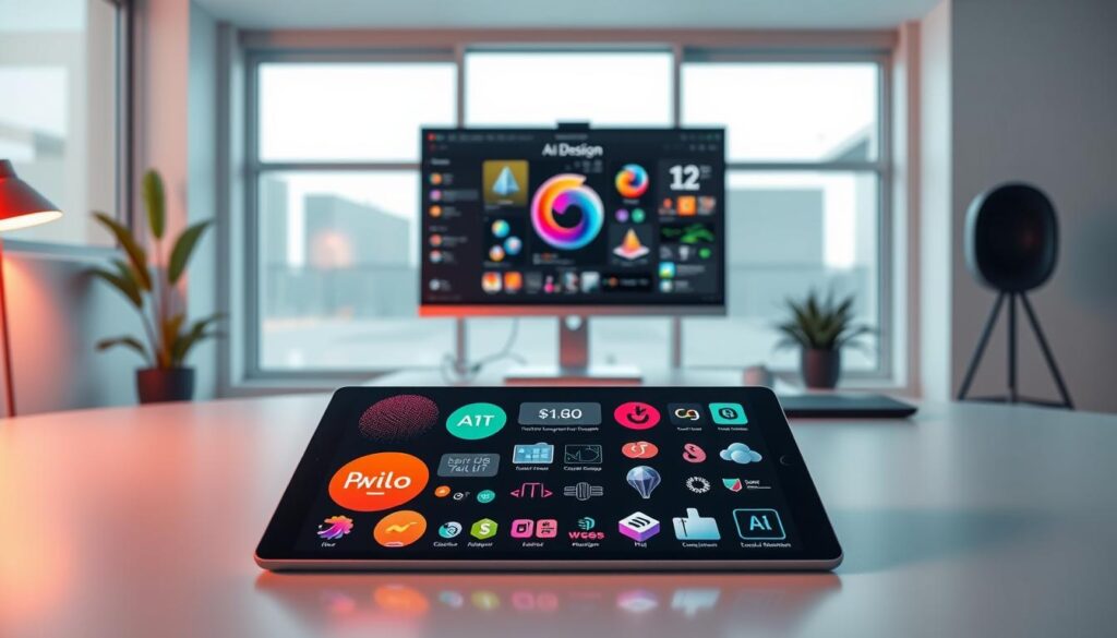 Minimalist workspace featuring top free AI tools 2025, with tablet showing vibrant UI, and monitor displaying 3D design and generative visuals.