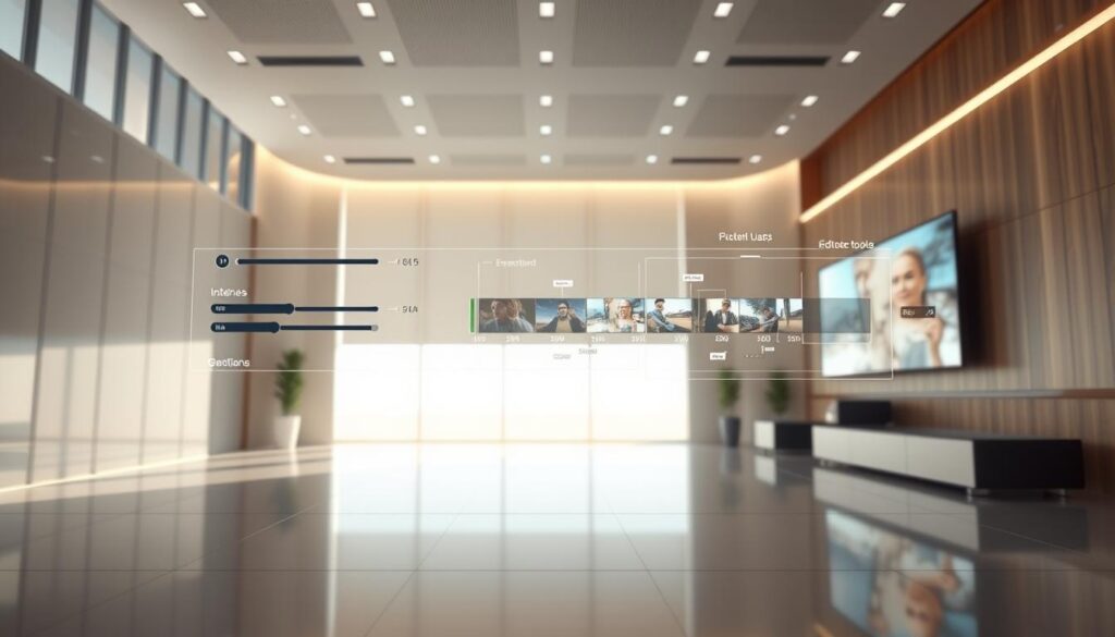 Futuristic interface showcasing free Best AI video editors with floating tools, a holographic timeline, and sleek design.