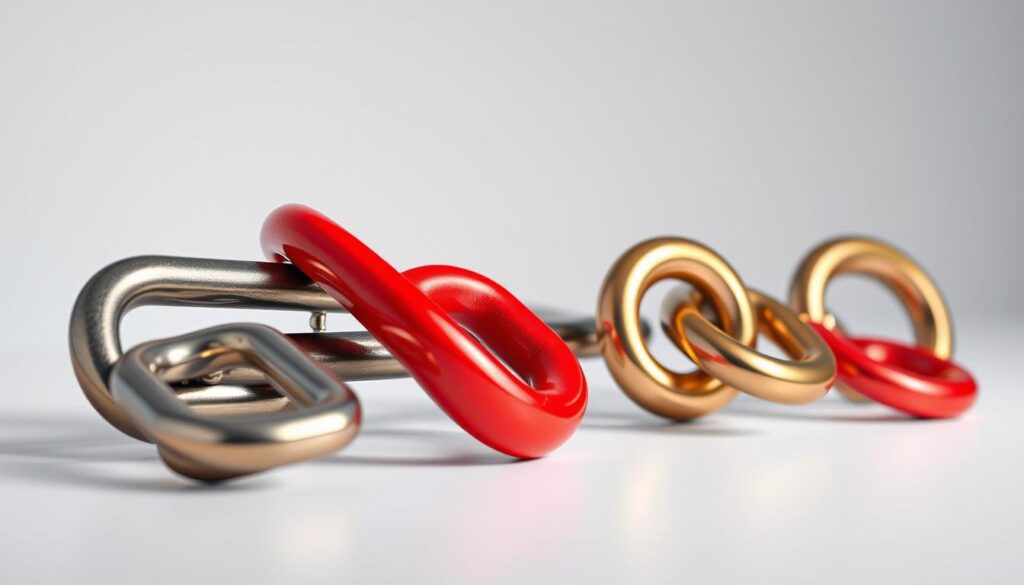 a high-quality photorealistic image of various types of links used in search engine optimization, including backlinks, internal links, external links, and dofollow/nofollow links, depicted against a clean, minimalist background with soft lighting and a focus on showcasing the distinct visual characteristics of each link type, captured with a professional-grade camera lens to emphasize the details and nuances of the different link structures Photorealistic image of link types used in SEO, illustrating the best link building strategies on a clean, minimalist background.