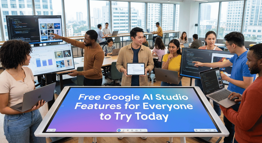 A group of young professionals working together in a modern office, using laptops and large monitors displaying code, charts, and images, with a central digital screen prominently showing the message: "Free Google AI Studio Features for Everyone to Try Today," highlighting the availability of free tools in Google AI Studio.