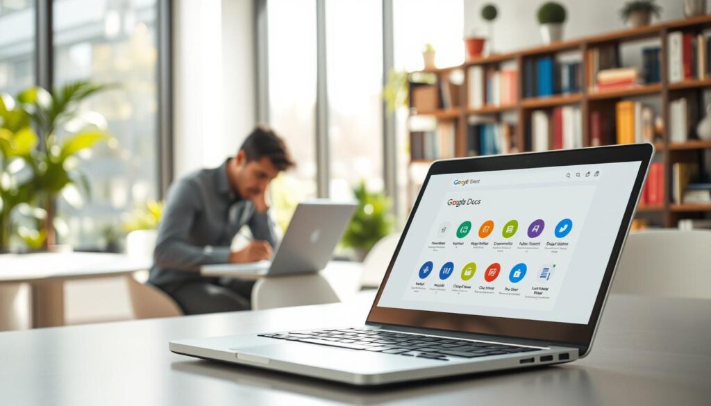 Modern office workspace with Google Docs on a laptop, highlighting free Web-based AI tools like grammar suggestions and smart collaboration. A person writes nearby as sunlight fills the room, creating a clean, productive vibe.
