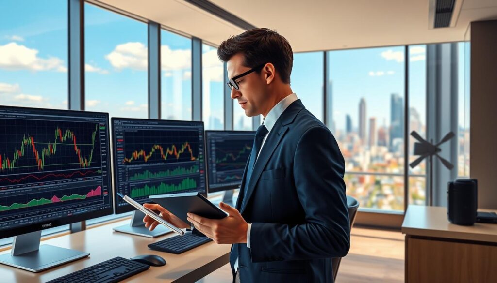 Trader analyzes buy and sell scripts on multiple screens in a modern office with city view, reflecting a dynamic financial trading environment.