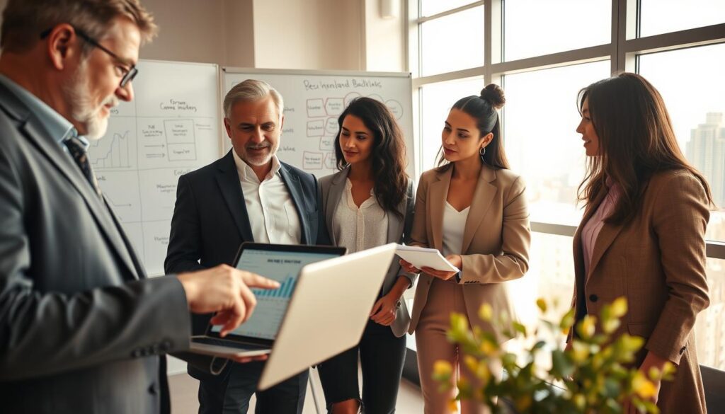 A professional office setting showcasing a diverse group of four individuals engaged in a discussion about backlinking services. In the foreground, a middle-aged man in a suit points to a laptop screen displaying analytics, while a young woman in smart casual attire takes notes. The middle layer features a whiteboard filled with diagrams relating to SEO strategies and forum backlinks. The background includes a bright window with cityscape views, illuminated by soft daylight. The atmosphere conveys collaboration and expertise, with a focus on professionalism and trust. Capture this scene with a wide-angle lens, warm lighting, and a depth of field that highlights the individuals while softly blurring the background. A team of professionals discusses SEO strategies and analytics in a modern office. A man points at backlink data on a laptop as a woman takes notes. Diagrams on a whiteboard highlight forum link tactics. The scene, captured with warm lighting, reflects trust, focus, and expertise—ideal when planning to buy forum backlinks service.