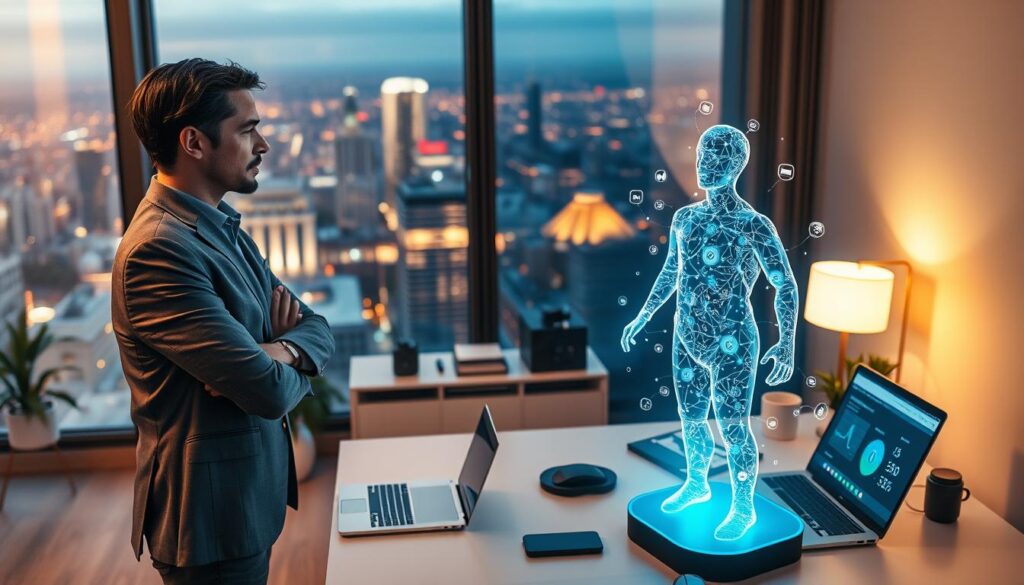 Modern home office with a professional interacting with an Online AI assistant hologram projected from a sleek device, surrounded by smart gadgets, a laptop with analytics, and a city view in the background.