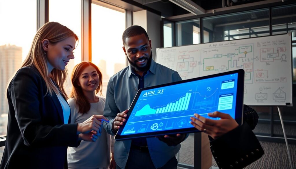 Diverse team collaborates around a tablet showing AI graphs and using an unlimited unified AI model API for free in a modern, tech-driven office.