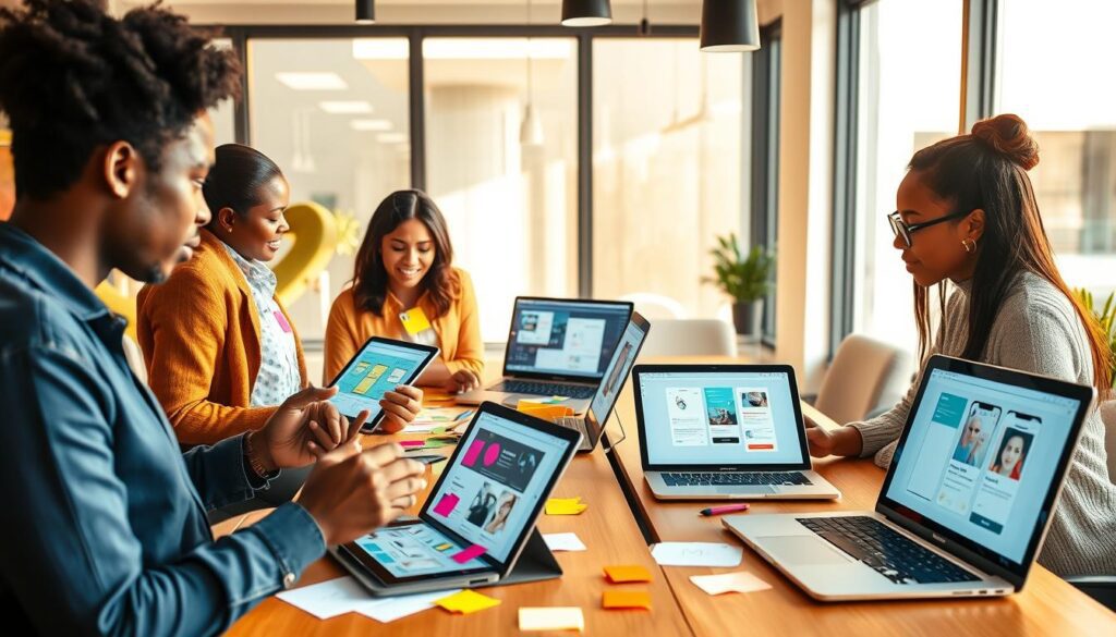 A vibrant workspace showcasing a group of diverse professionals collaborating on app design ideas using digital tablets. In the foreground, two individuals, one Black and one Asian, are engaged in a brainstorming session, surrounded by colorful sticky notes and sketches of app interfaces. In the middle, a sleek, modern desk features laptops open to design software, with various AI-generated app mockups displayed on the screens. The background has large windows letting in soft, natural light, creating a bright and inviting atmosphere. The scene conveys innovation and teamwork in the digital age, with warm lighting emphasizing a productive mood. Shot with a 50mm lens for clear details, capturing the essence of collaboration in the leading AI app building market. Team of diverse professionals brainstorming app design ideas with digital tablets and AI-generated mockups, representing innovation and teamwork using the best AI app builder.