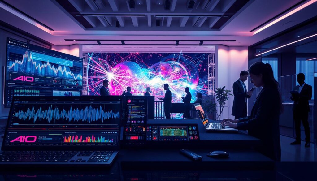 Collage illustrating the impact of a top AI UI design tool, featuring modern interfaces, smart visual elements, and teams collaborating in a sleek workspace.