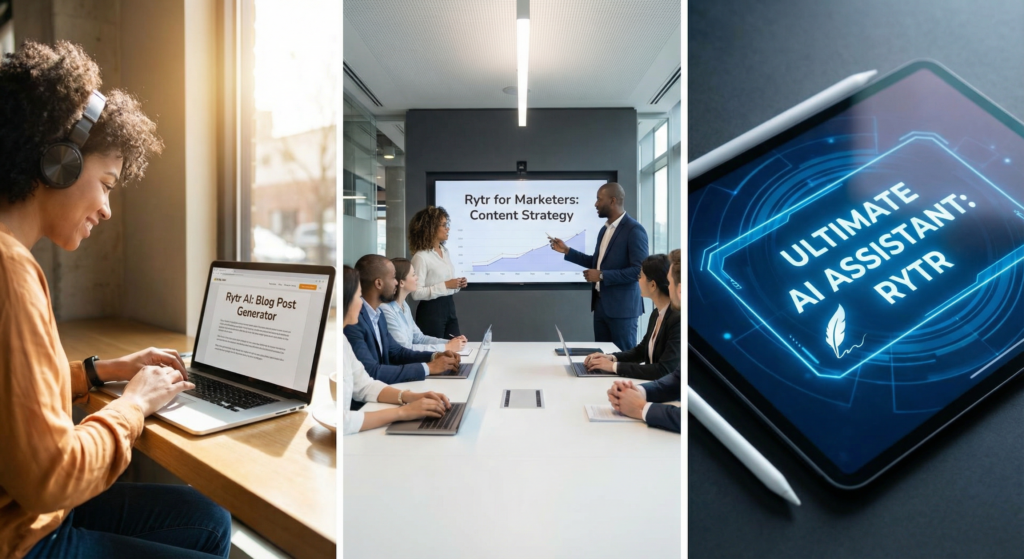 Three images showcasing people using Rytr AI writing assistant software — a woman writing a blog post with Rytr on her laptop, a team discussing content strategy with a Rytr presentation in a meeting room, and a tablet screen displaying the message 'Ultimate AI Assistant: Rytr'.