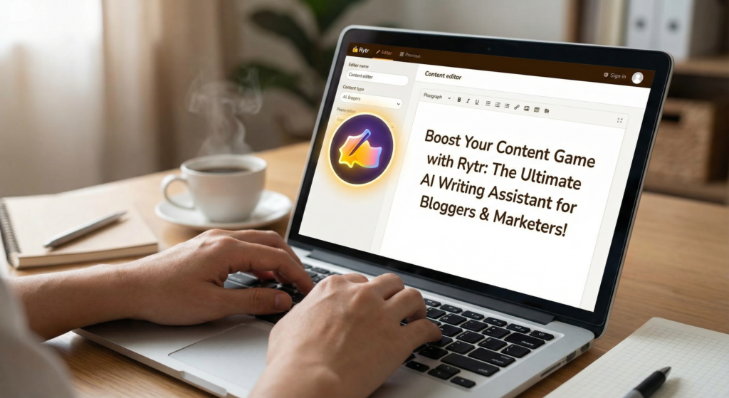 Person typing on a laptop with Rytr AI writing assistant software open, displaying the message “Boost Your Content Game with Rytr: The Ultimate AI Writing Assistant for Bloggers & Marketers”, next to a notebook and a steaming cup of coffee.