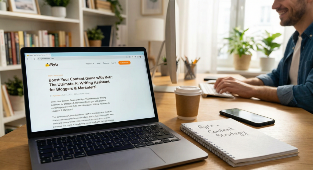 Laptop screen displaying a blog post about boosting content with Rytr AI writing assistant software, with a notebook labeled “Rytr – Content Strategy,” a coffee cup, and a person working at a desk in a bright, modern workspace.