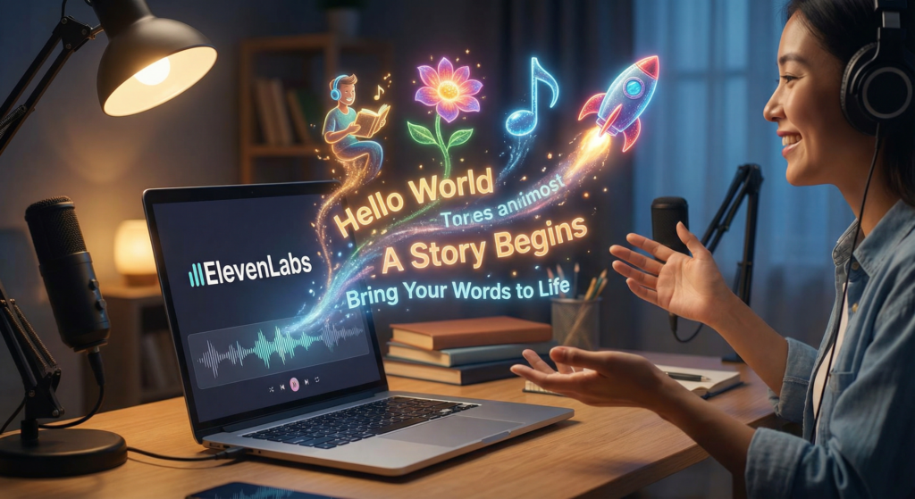 Woman using headphones and microphone while interacting with a laptop screen displaying the ElevenLabs text to speech tool, with colorful visual elements like a rocket, flower, music note, and floating text saying “Hello World” and “A Story Begins” representing the creative power of the ElevenLabs text to speech tool.