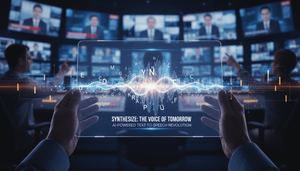 Person holding a transparent digital interface displaying sound waves and floating letters, with multiple news screens in the background, representing advanced voice synthesis technology using the ElevenLabs text to speech tool in a modern media production environment.
