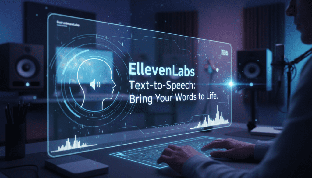Person typing on a futuristic keyboard in a sound studio, interacting with a glowing digital interface displaying a human profile and sound waves, promoting the ElevenLabs text to speech tool with the tagline “Bring Your Words to Life.”