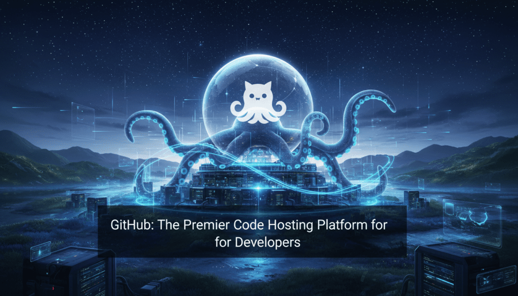 Futuristic digital landscape featuring an octopus with a cat face, the mascot of GitHub, rising above a high-tech city, symbolizing the power and reach of the GitHub code hosting platform for developers.