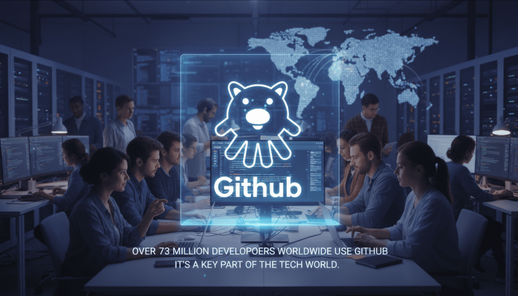 Developers working on computers in a modern server room, with a glowing GitHub logo and a digital world map in the background, representing global collaboration on the GitHub code hosting platform used by over 73 million developers worldwide.