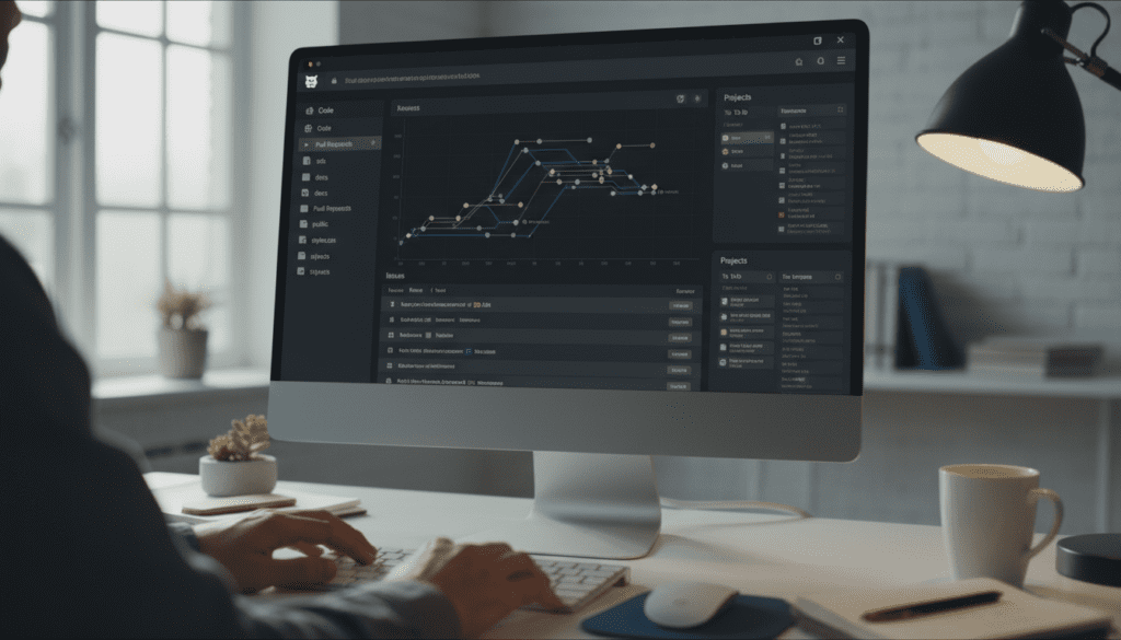 Person working at a desk with a large computer screen displaying a project dashboard and analytics on the GitHub code hosting platform, showcasing real-time collaboration and issue tracking in a modern workspace.