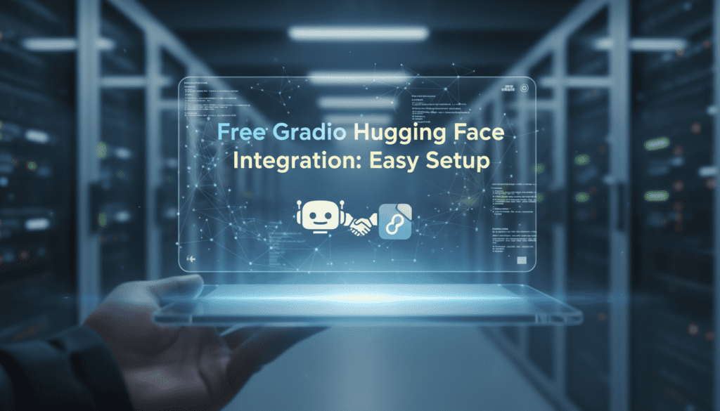 A person holding a futuristic transparent screen in a server room, displaying the text “Free Gradio Hugging Face integration: Easy Setup” along with digital icons and data nodes, representing seamless AI tool connectivity.
