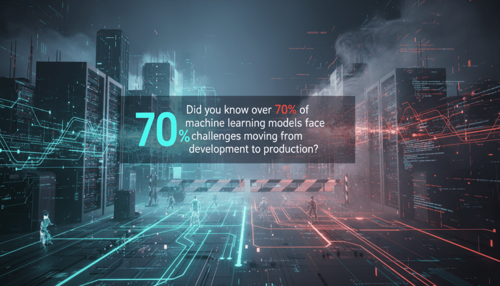 Futuristic digital cityscape illustrating the challenges of deploying machine learning models, with a highlighted statistic showing “70% of machine learning models face challenges moving from development to production,” emphasizing the importance of tools like free Gradio Hugging Face integration for smoother transitions.