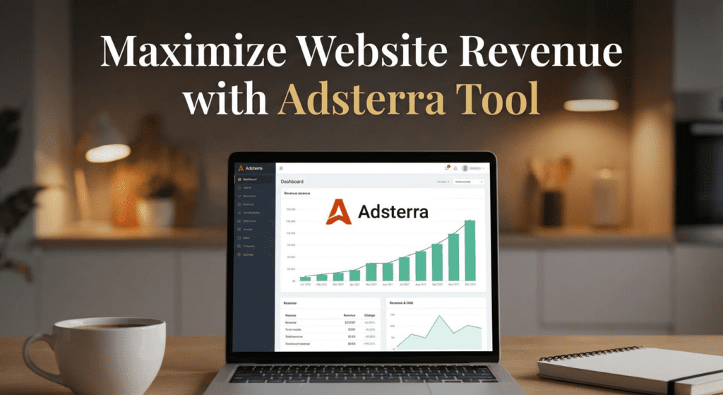 Laptop screen showing Adsterra dashboard with revenue growth charts, illustrating how to monetize website traffic with Adsterra tool effectively.