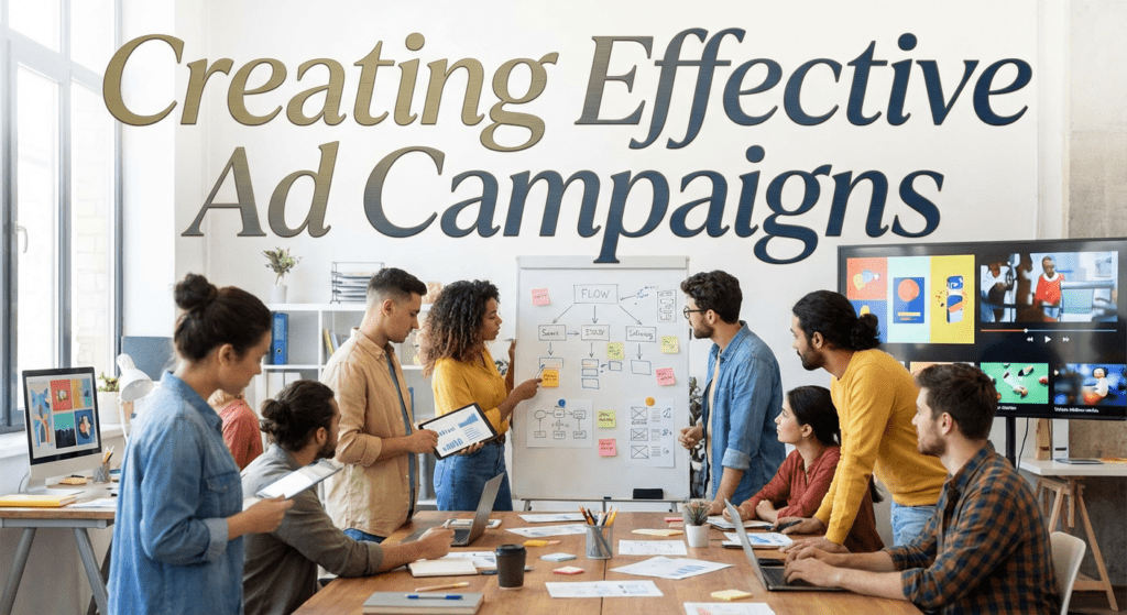 Marketing team brainstorming ad strategies on a whiteboard to create effective campaigns and monetize website traffic with Adsterra tool.