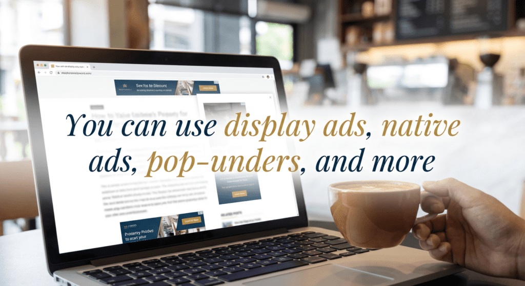 Person holding a coffee cup while browsing ad formats on a laptop, exploring ways to monetize website traffic with Adsterra tool using display and native ads.