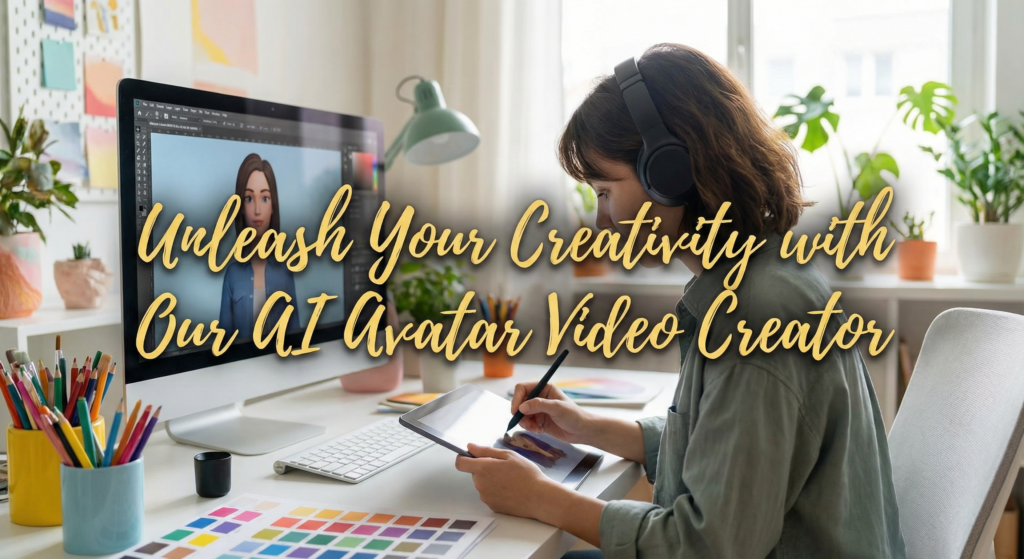 A person using a digital tablet and computer to design an animated character with an AI avatar video creation tool in a bright, creatively decorated workspace. The screen shows a digital avatar, with art supplies and color swatches visible on the desk.