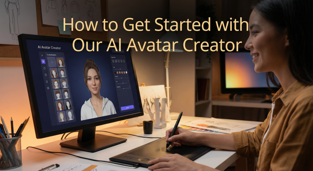 A smiling woman uses a digital drawing tablet to customize a 3D character on a computer screen with an AI avatar video creation tool, surrounded by design sketches and art supplies in a creative workspace.