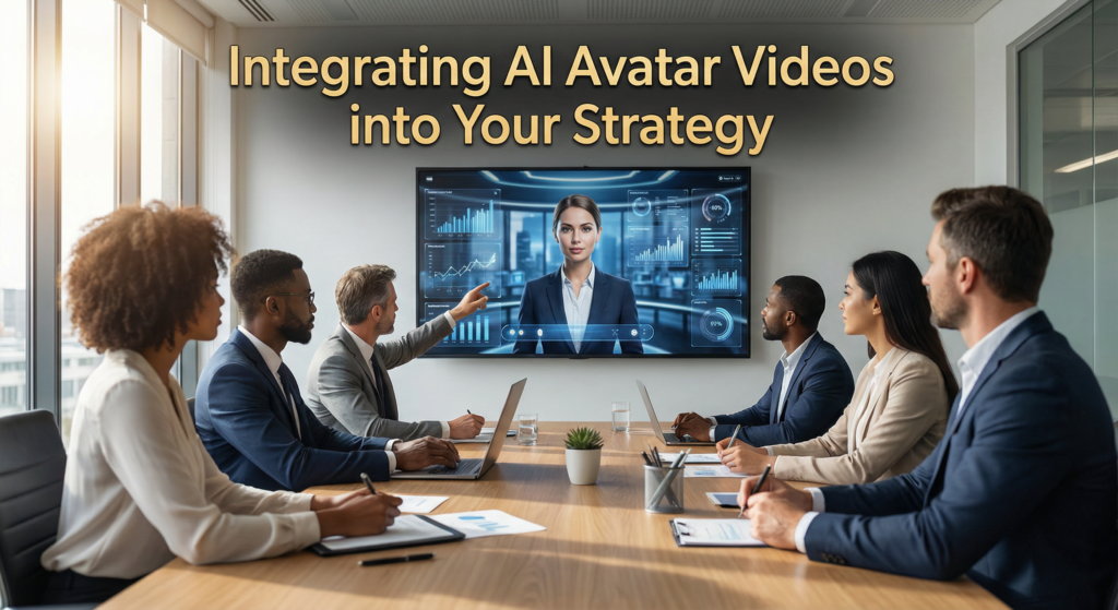 A group of business professionals in a conference room watching a presentation on a large screen that features a digital avatar created with an AI avatar video creation tool, used as part of a strategic discussion.