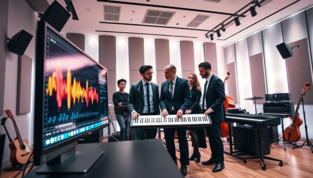 A group of musicians collaborate at a workstation using AI tools to create song with AI software, surrounded by instruments in a modern music studio.