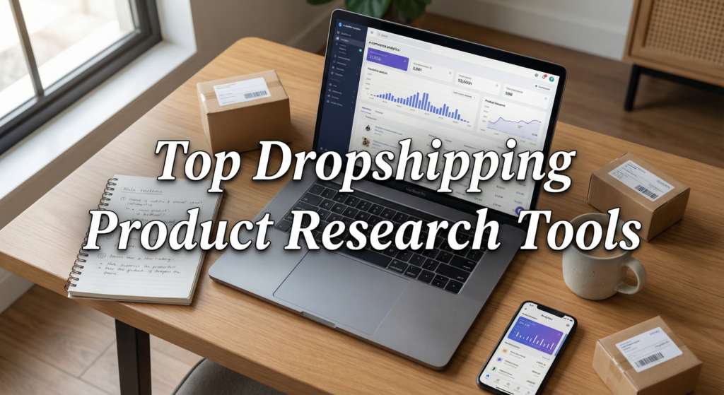 Laptop with analytics dashboard, phone, packages, and notes on a desk, illustrating how dropshipping product research tool software supports eCommerce growth.