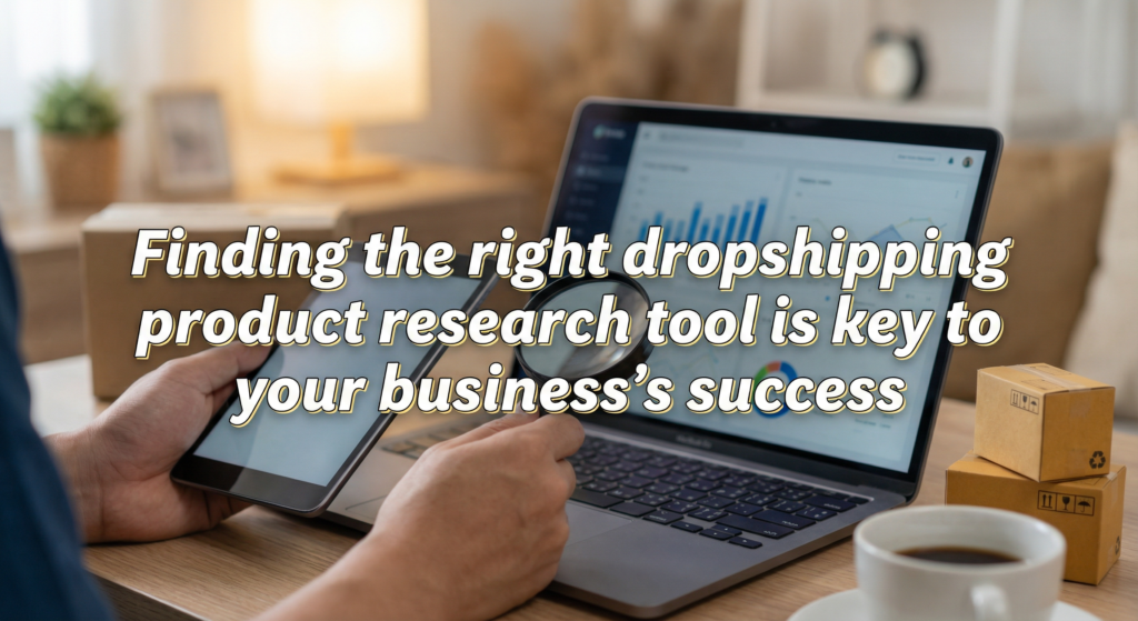 Person analyzing eCommerce analytics on a laptop and tablet with magnifying glass, illustrating the use of dropshipping product research tool software.