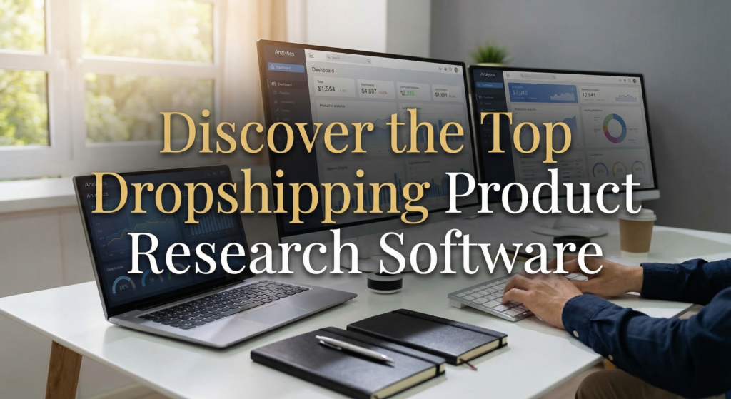 Person using multiple screens with analytics dashboards to explore dropshipping product research tool software for finding profitable products.