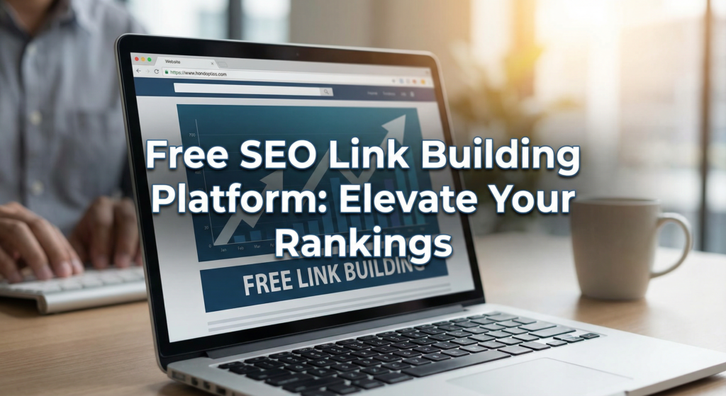 Laptop screen displaying a graph and the text “Free SEO Link Building Platform: Elevate Your Rankings,” promoting a free SEO link building platform.