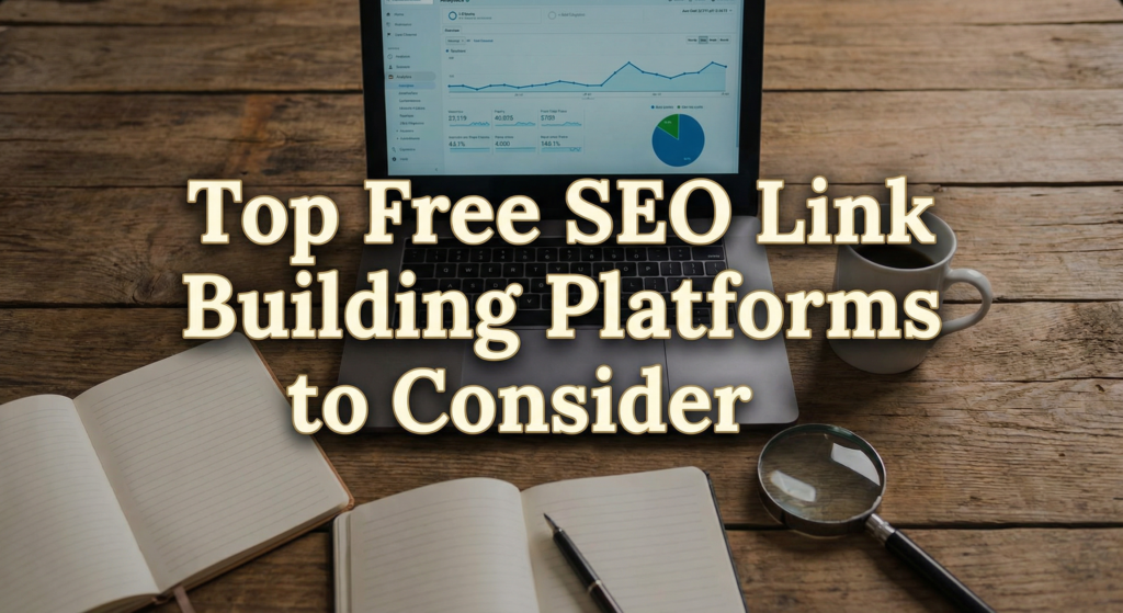 Laptop displaying analytics data surrounded by notebooks, coffee, and a magnifying glass, with the title "Top Free SEO Link Building Platforms to Consider" highlighting top free SEO link building platform options.