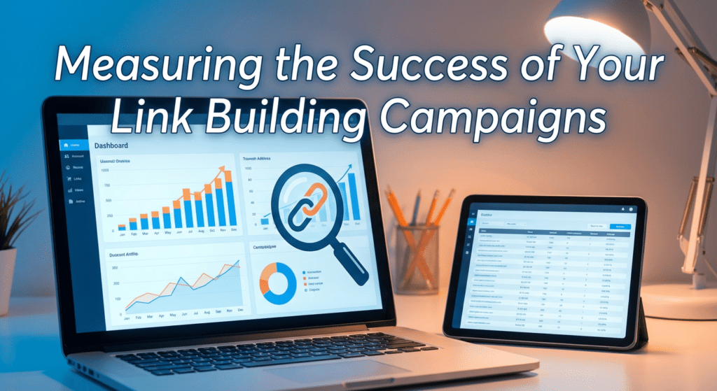 Analytics dashboard on a laptop and tablet used to measure campaign performance, representing how a free SEO link building platform tracks success.