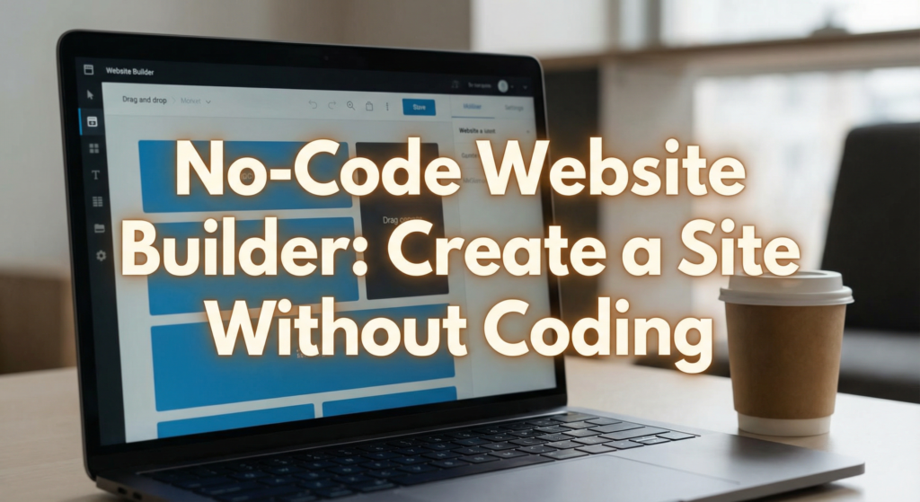 Laptop screen showing a no-code website builder software interface with drag-and-drop elements and coffee cup on desk