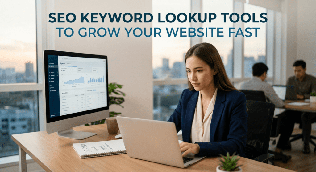 Professional using seo keyword lookup tools on desktop and laptop screens in a modern office to analyze website growth opportunities