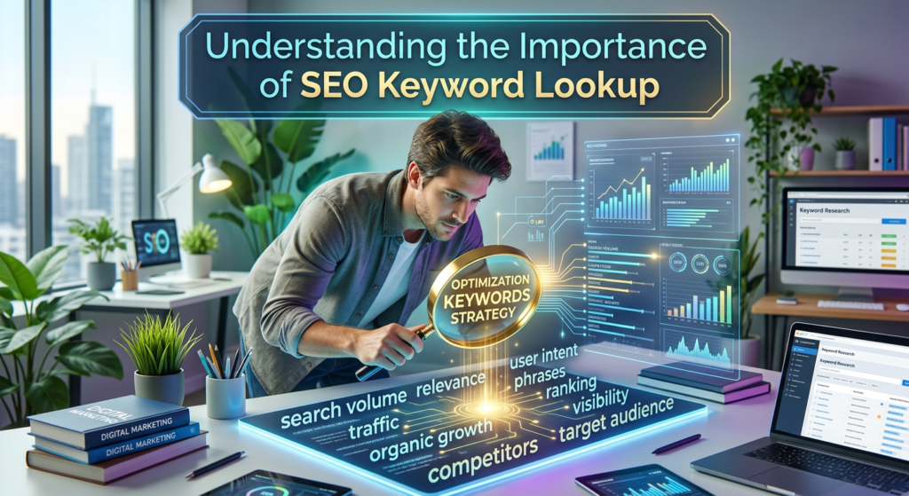 A digital marketer in a modern office using a glowing magnifying glass to analyze data metrics and search volume for an effective seo keyword lookup strategy.