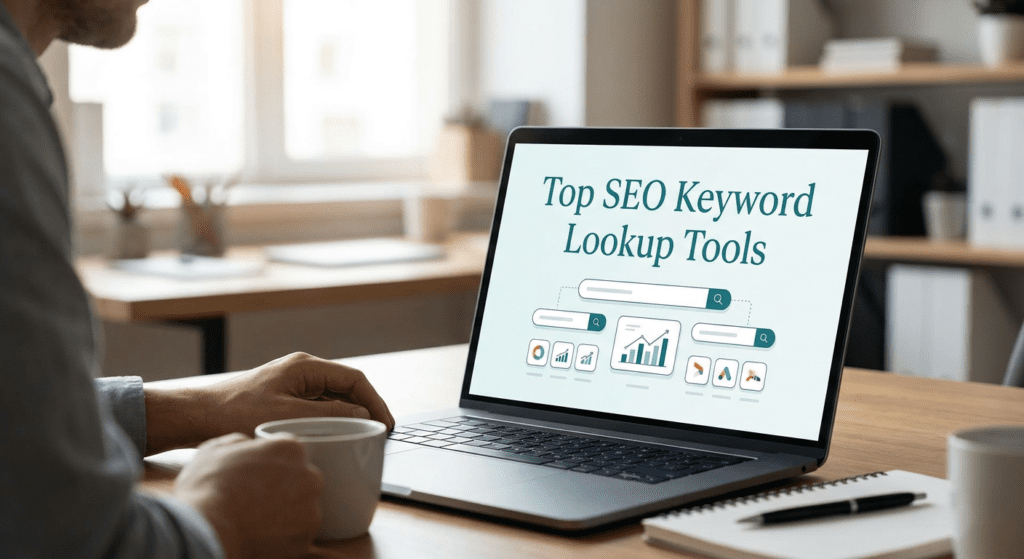 A close-up of a digital marketer at a desk holding a coffee mug, looking at an interactive dashboard on a laptop with charts and icons illustrating an effective seo keyword lookup process.