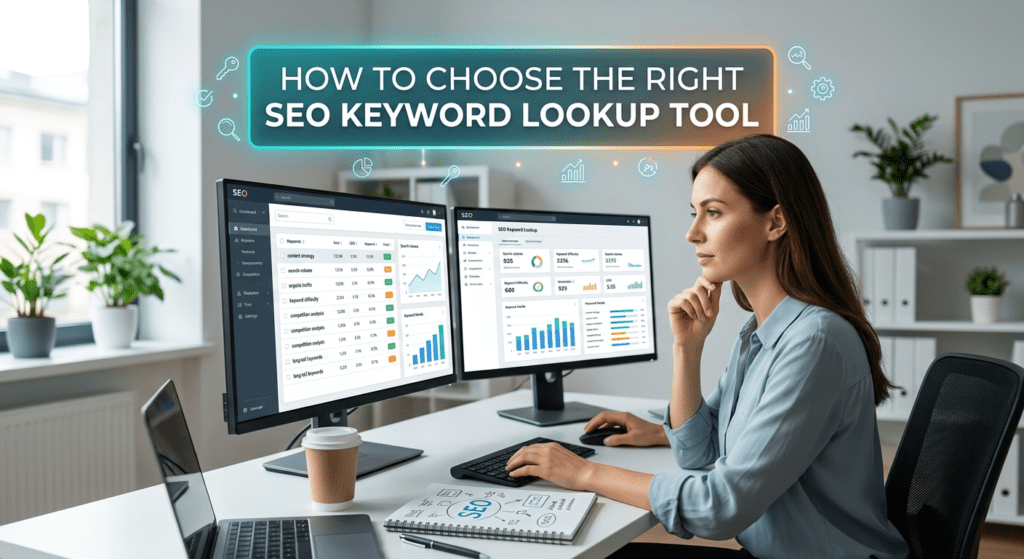 A thoughtful woman sits at a modern desk with dual monitors displaying search engine optimization dashboards featuring charts and graphs. Floating digital icons like keys and charts hover above, and a notepad with the letters 'SEO' is on the desk. She looks at the screen while holding a cup.